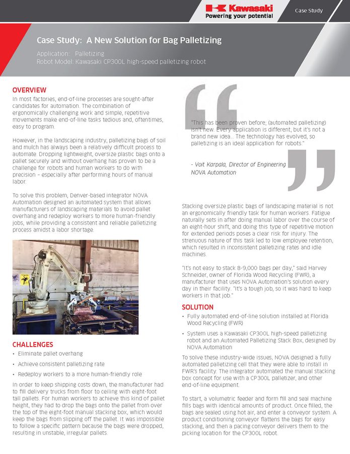 Robot de paletizado Kawasaki CP300L automatizando el apilado de sacos de tierra